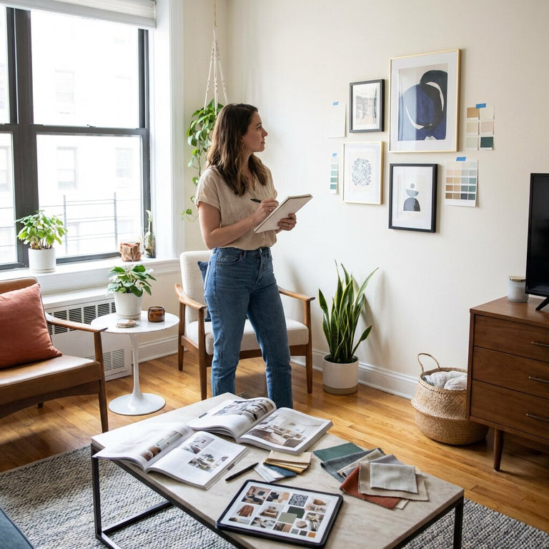 lady standing in an apartment considering decorating options