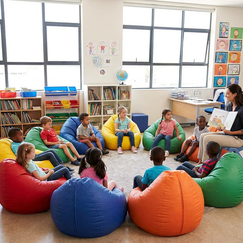 school kids in classroom sitting on beanbags