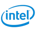 Intel logo in blue on a green background