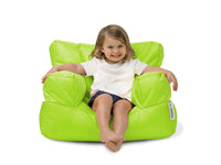girl sitting on a lime green kids bean bag chair