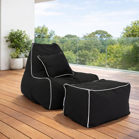 Copacabana bean. bag chair with ottoman and outdoor cushion on a deck