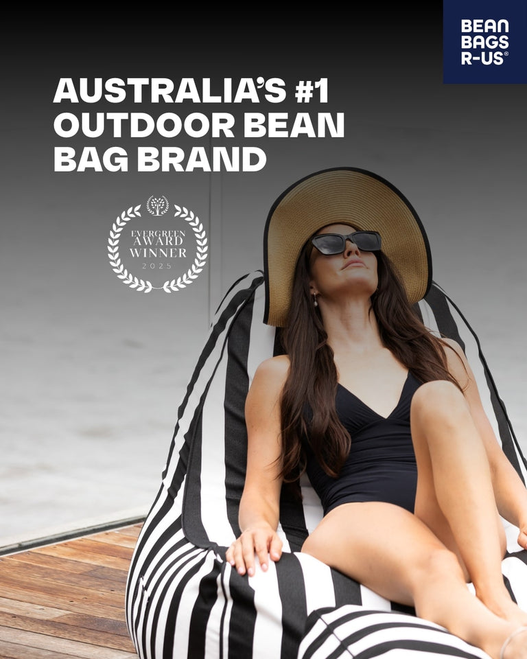 Woman relaxing on a striped bean bag chair with text about Australia's #1 outdoor bean bag brand.