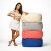 lady standing next to 4 copacabana outdoor bean bag ottomans