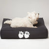 White dog lying on a black pet bed with paw prints on a gray background