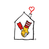 Cartoon character with a red hat and yellow shoes in a white house with a heart on the roof. ronald McDonald house charities logo