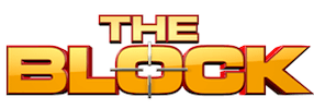 Logo of 'The Block' with bold yellow text on a black background